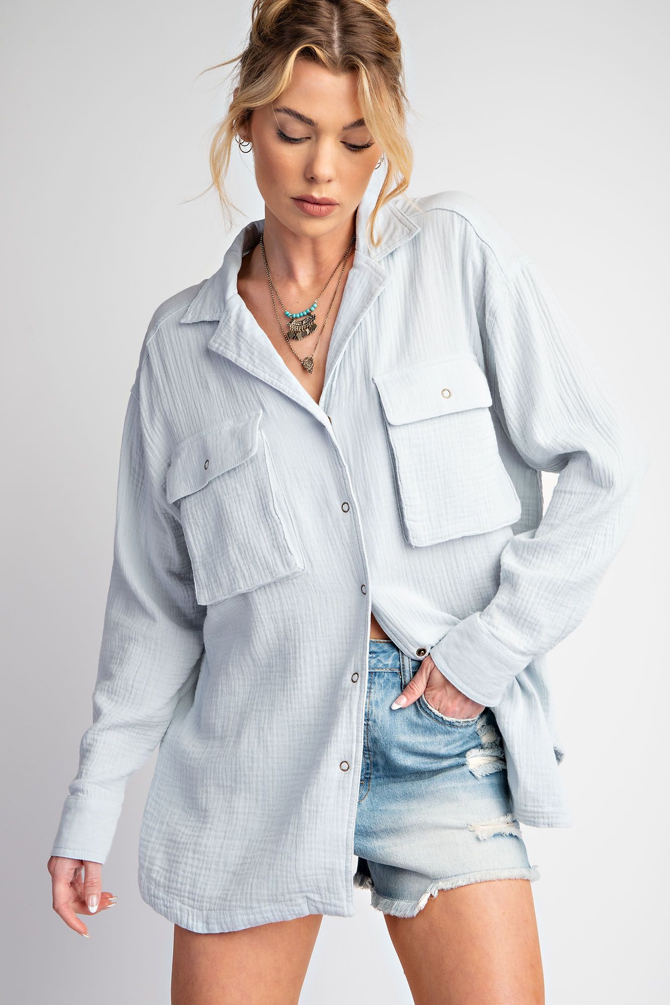 Easel Plus Cotton Gauze Button Down Loose Fit Shirt Tunic Tops