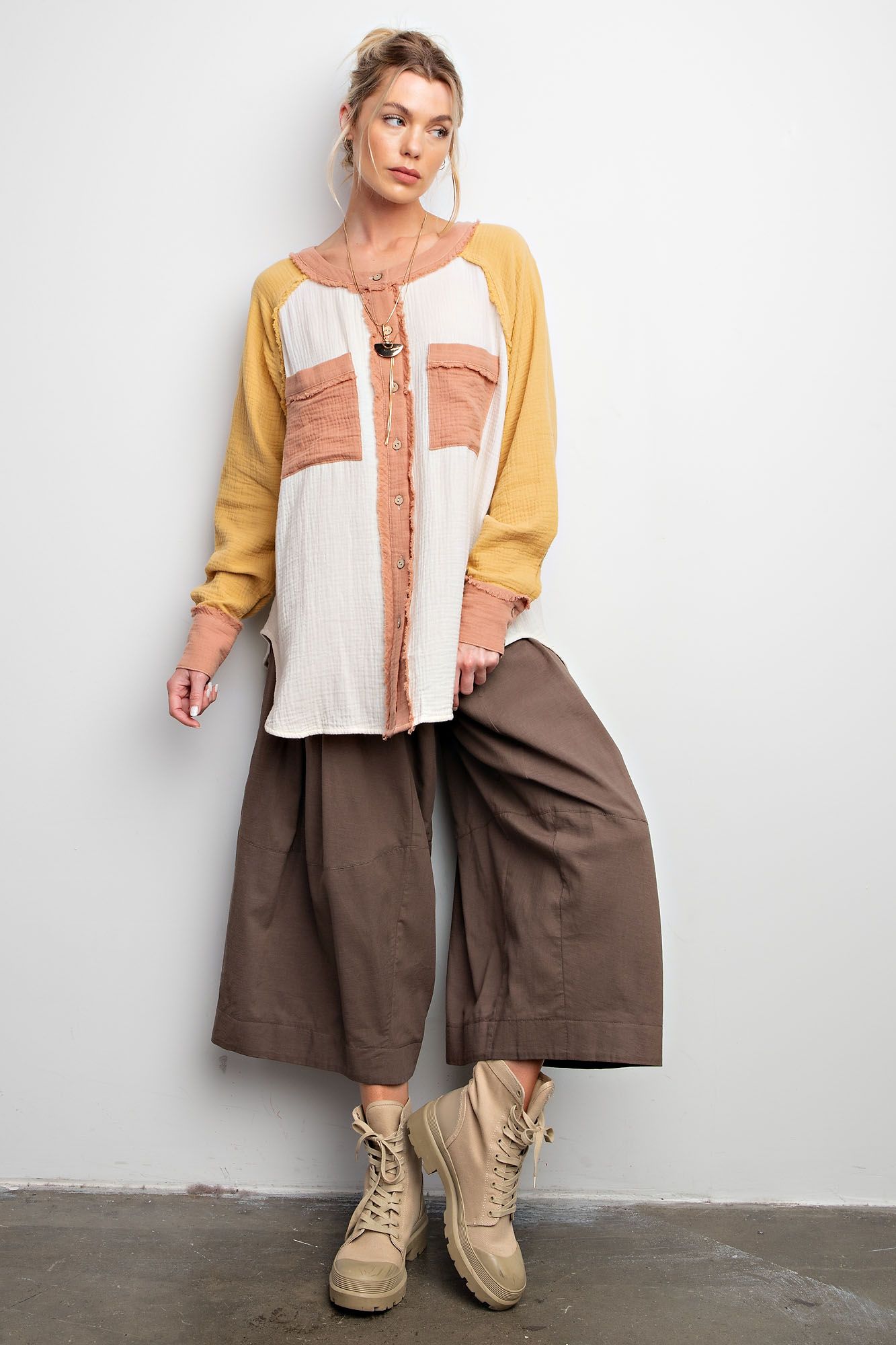 Easel Plus Color Block Cotton Gauze Button Down Shirt Tops