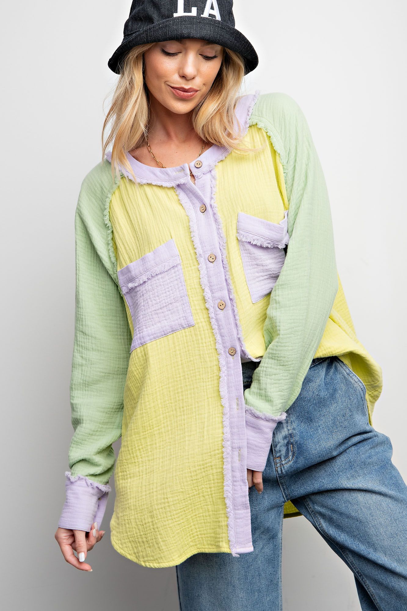 Easel Plus Color Block Cotton Gauze Button Down Shirt Tops