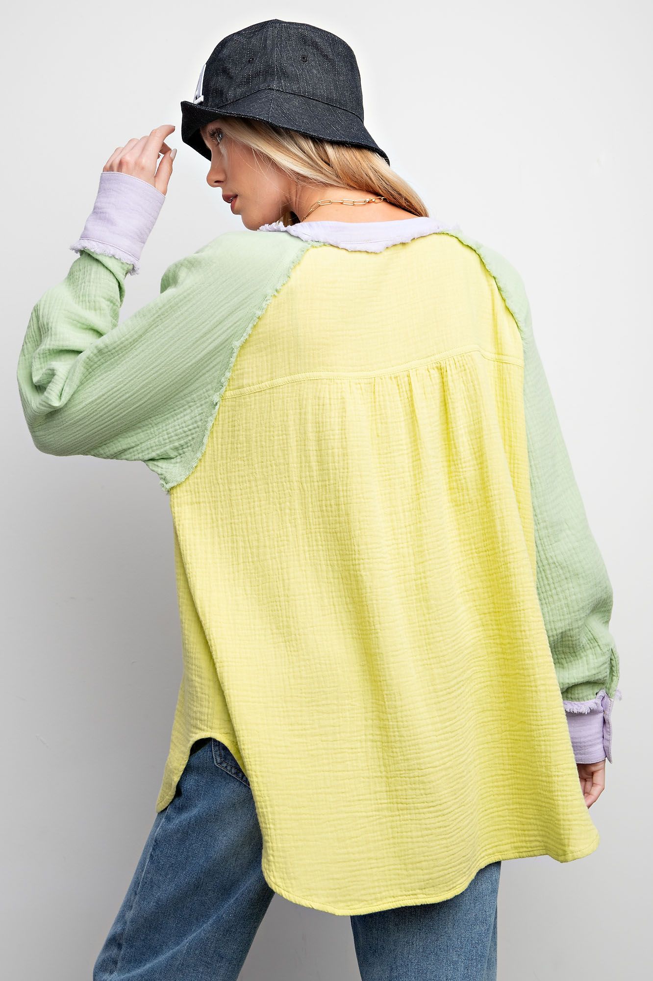 Easel Plus Color Block Cotton Gauze Button Down Shirt Tops