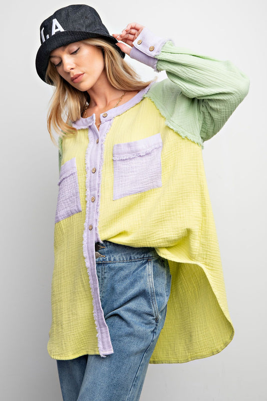 Easel Plus Color Block Cotton Gauze Button Down Shirt Tops
