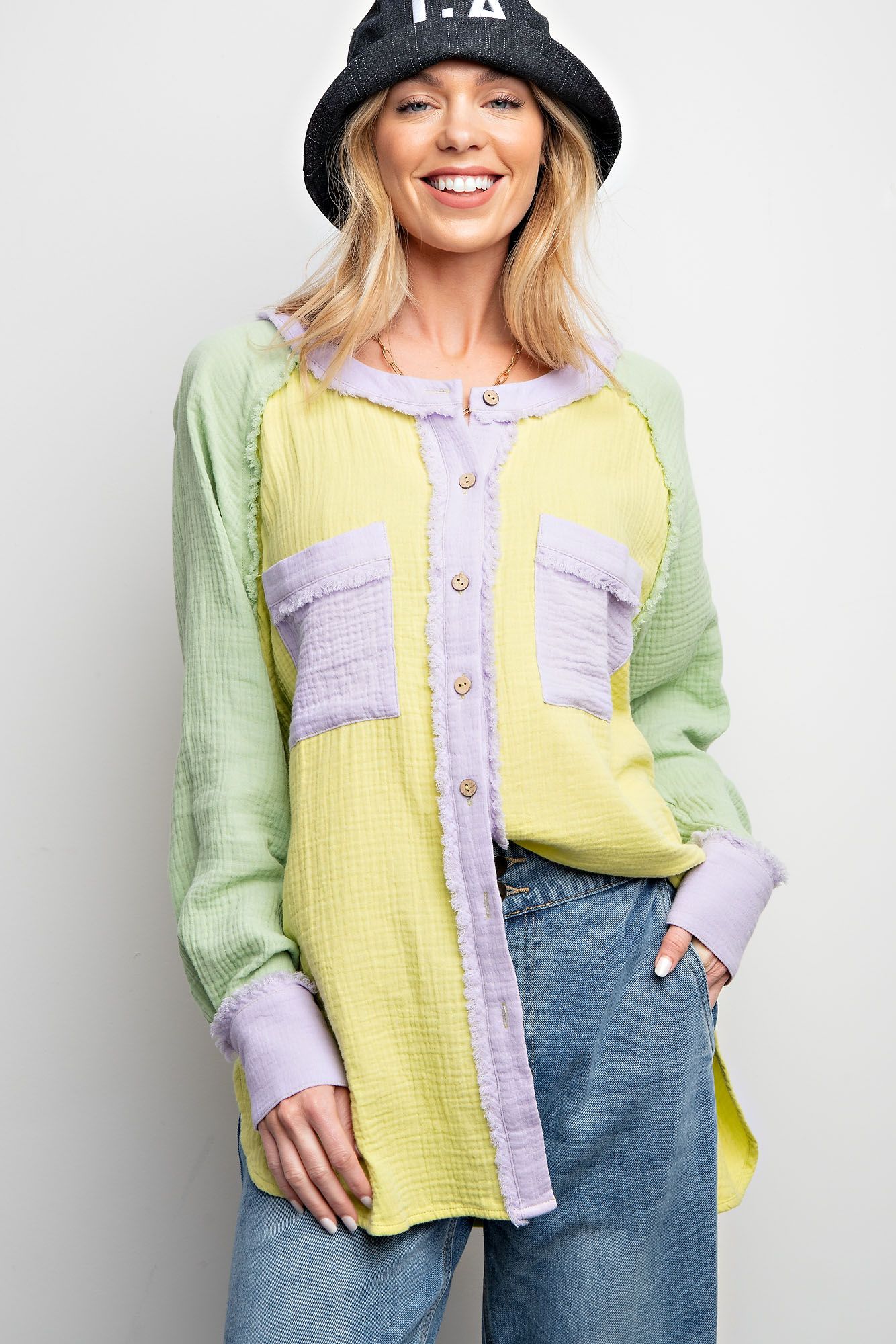 Easel Plus Color Block Cotton Gauze Button Down Shirt Tops