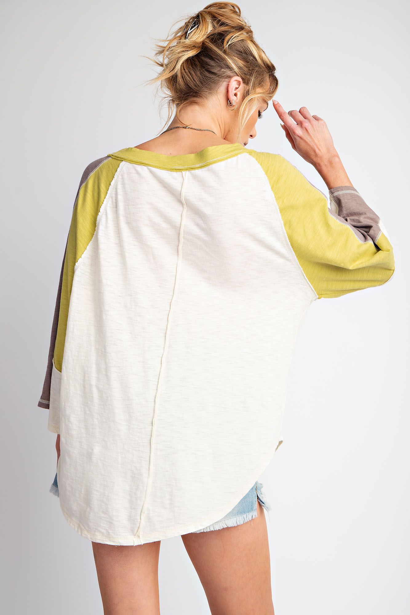 Easel Plus Color Block Cotton Slub Knit Tops