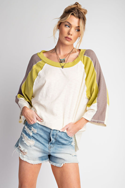 Easel Plus Color Block Cotton Slub Knit Tops