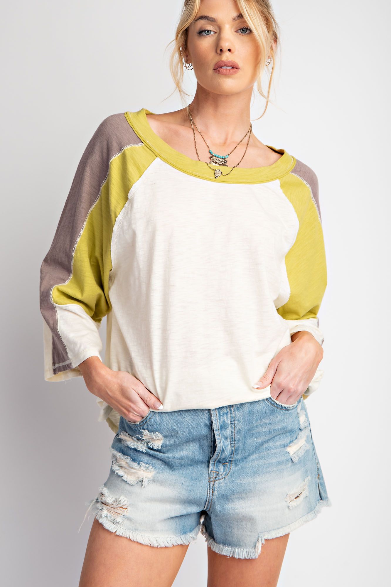 Easel Plus Color Block Cotton Slub Knit Tops