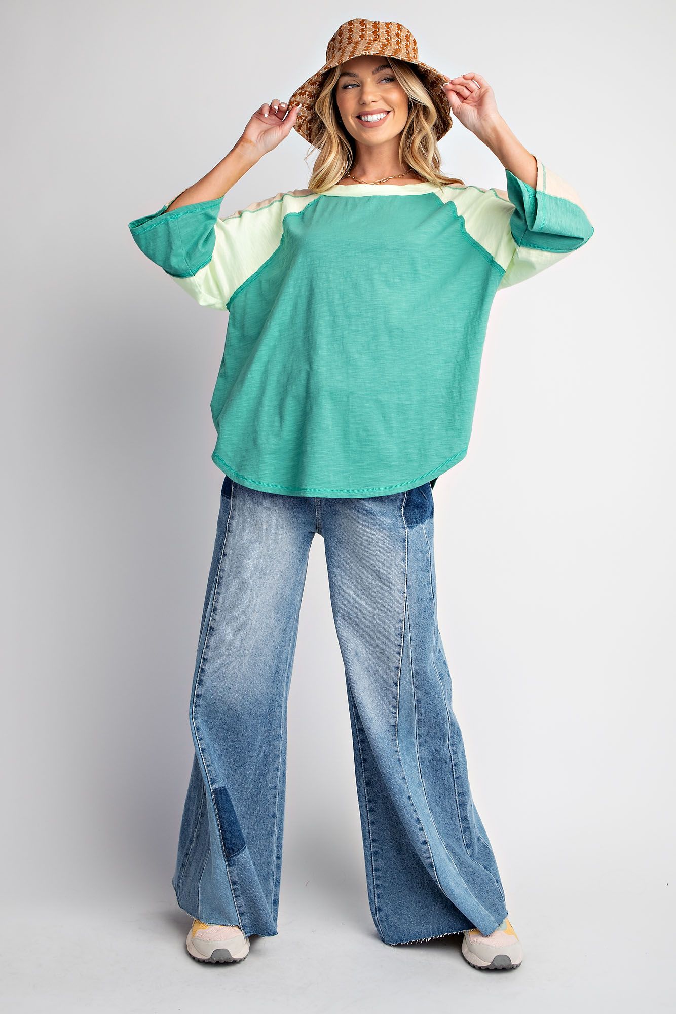 Easel Plus Color Block Cotton Slub Knit Tops