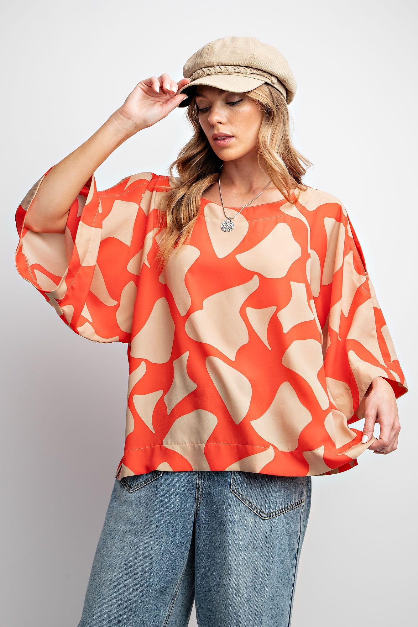 Easel Plus Geometric Print Wool Peach Woven Tops
