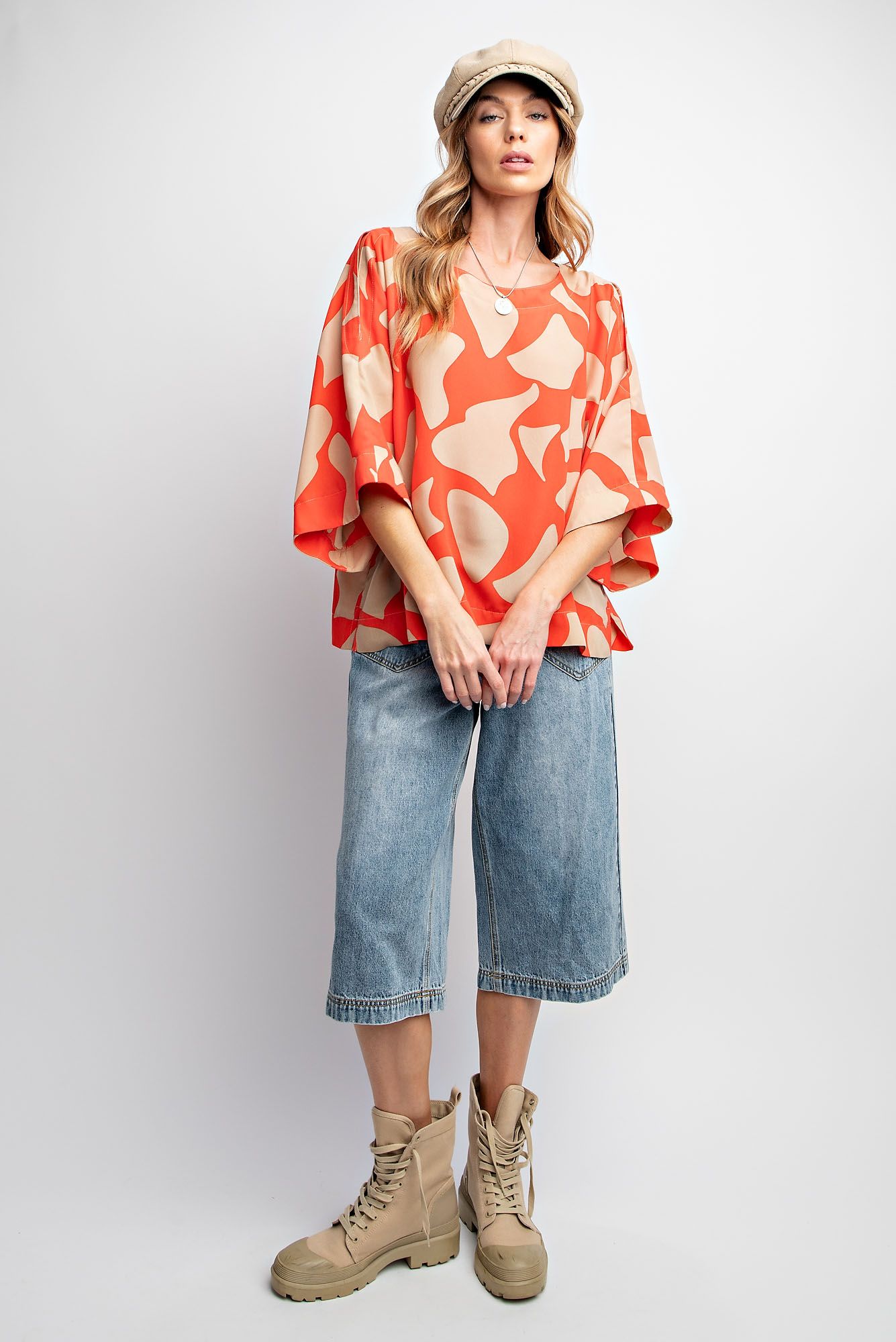 Easel Plus Geometric Print Wool Peach Woven Tops