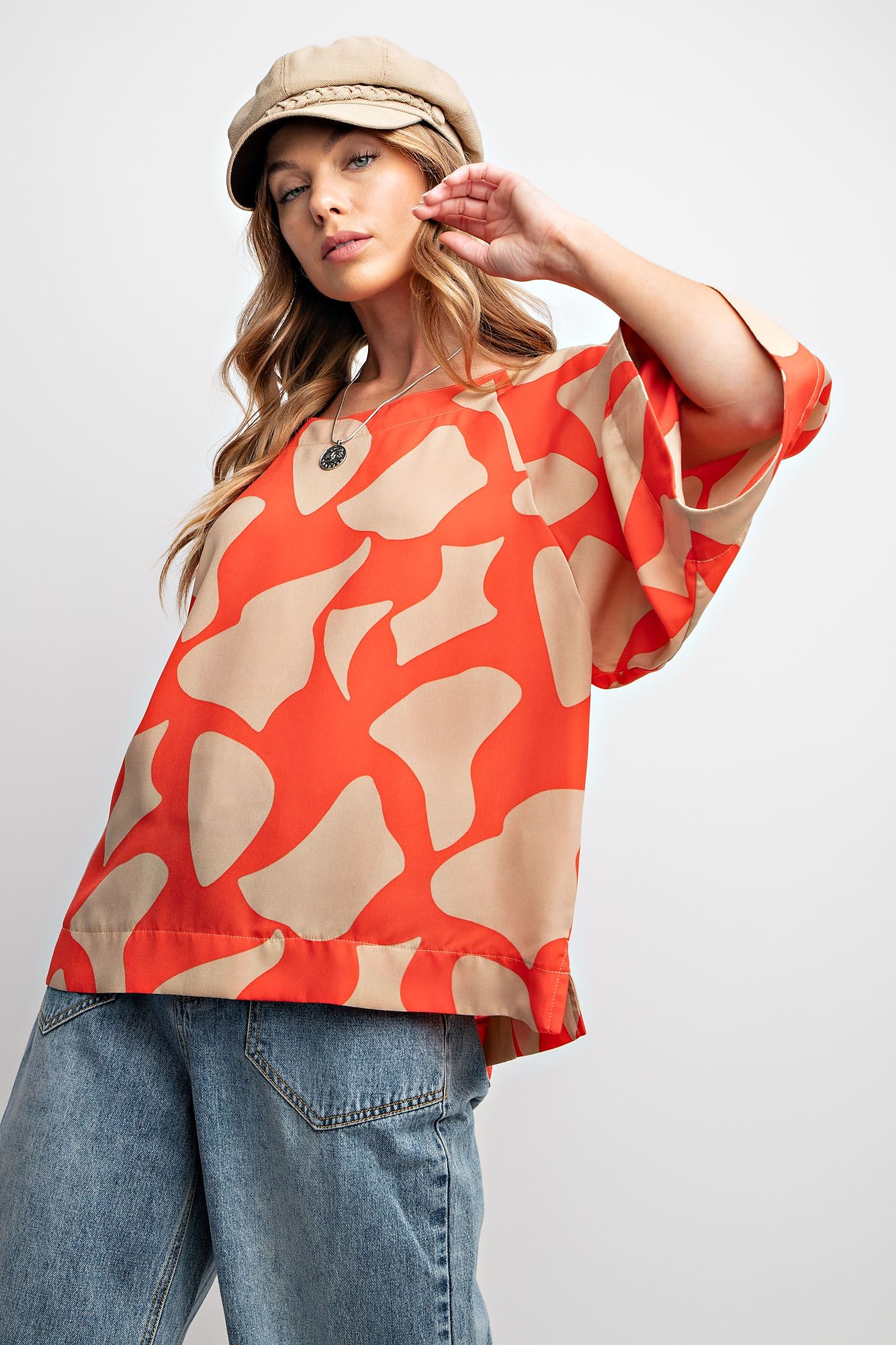 Easel Plus Geometric Print Wool Peach Woven Tops
