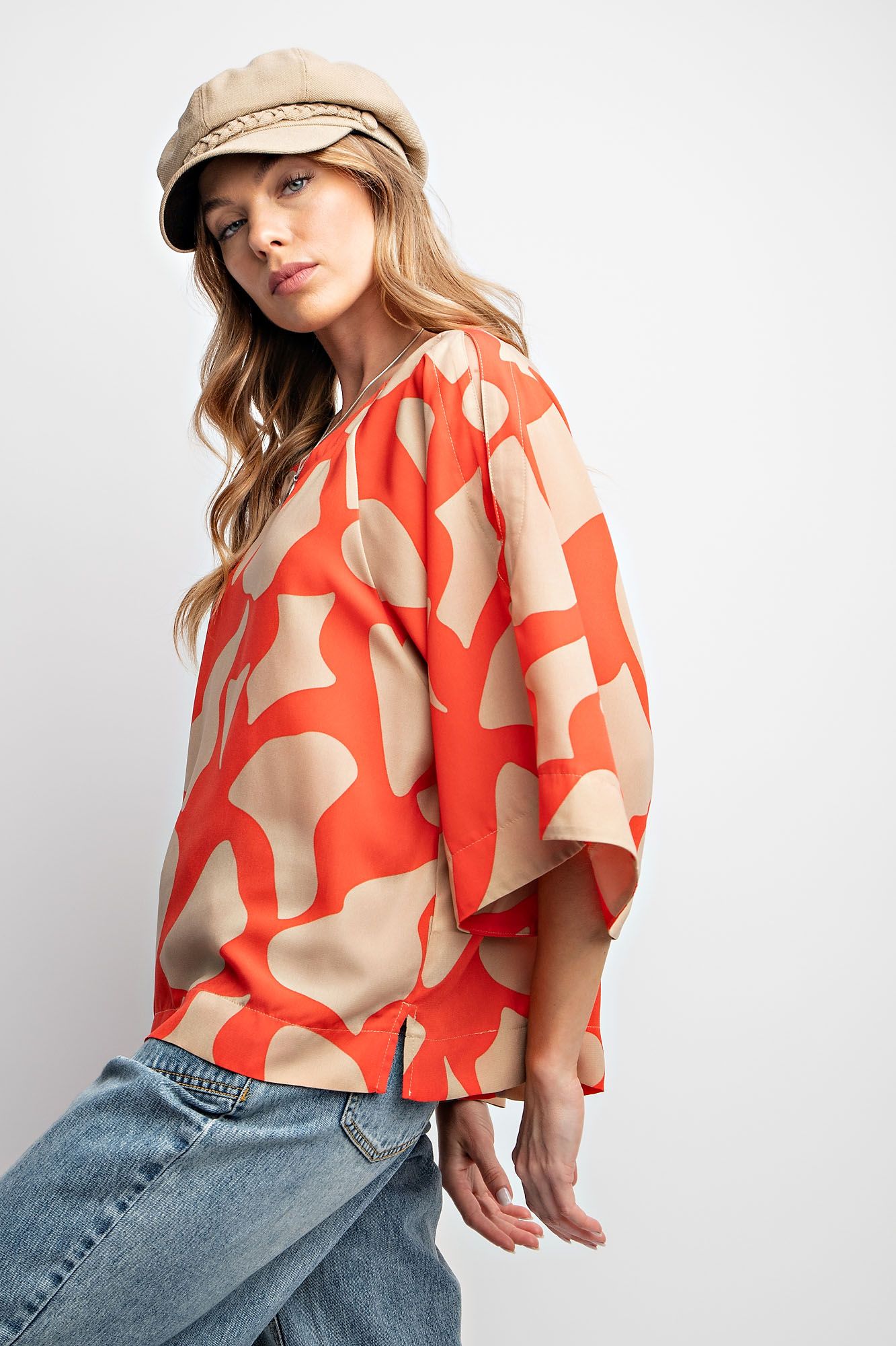Easel Plus Geometric Print Wool Peach Woven Tops