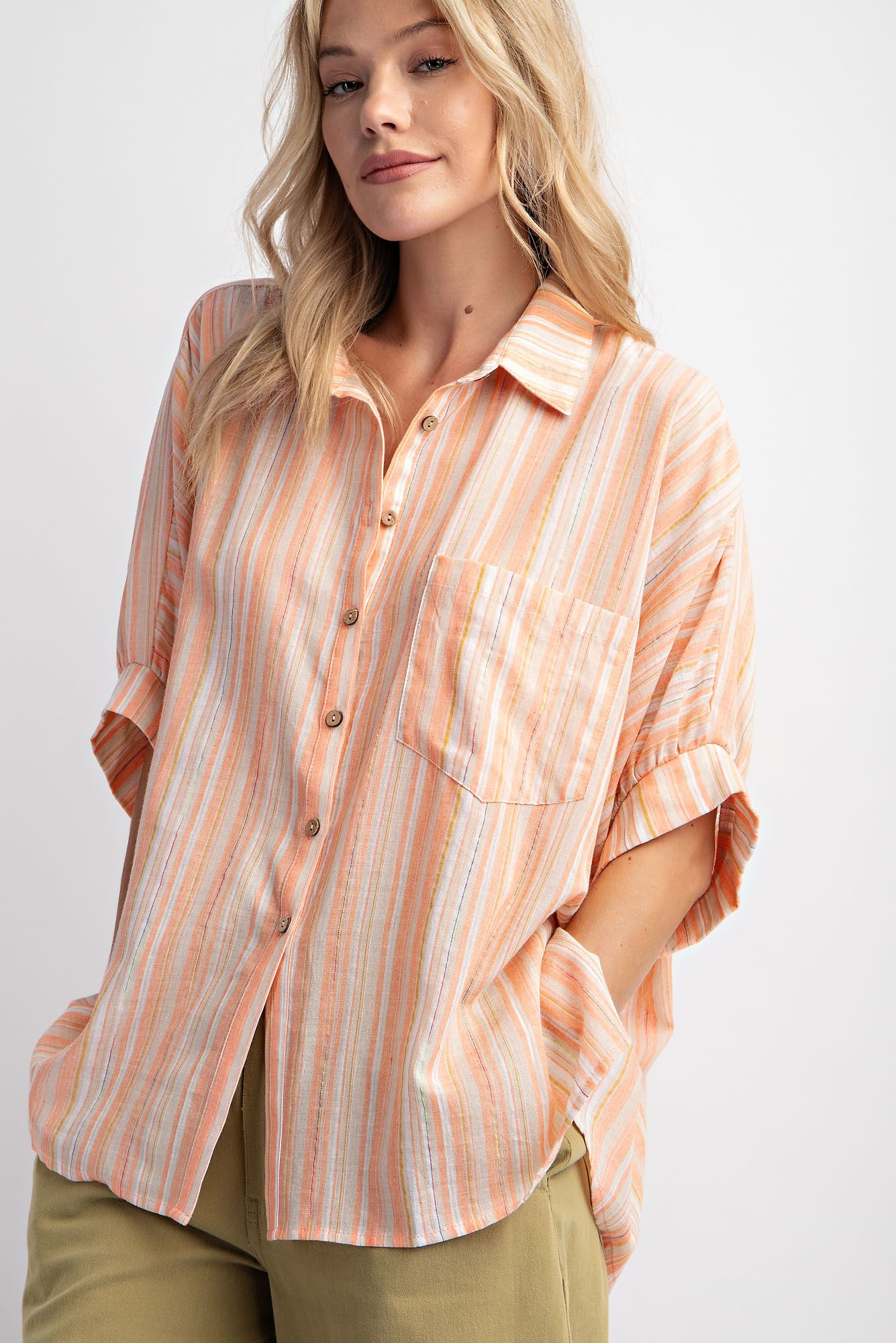 Easel Plus Short Sleeves Striped Button Down Oversized Shirt Tops