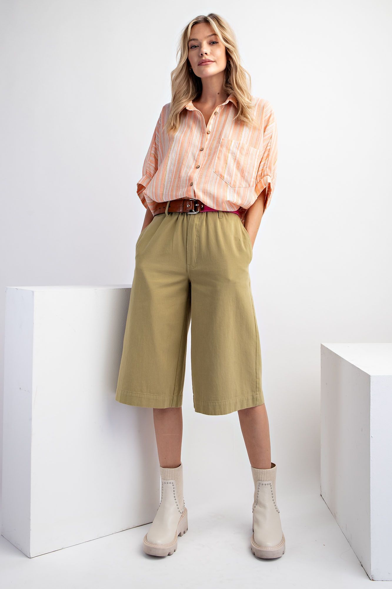 Easel Plus Short Sleeves Striped Button Down Oversized Shirt Tops