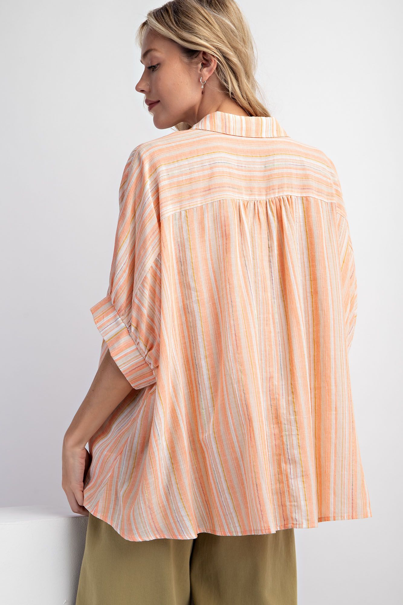 Easel Plus Short Sleeves Striped Button Down Oversized Shirt Tops