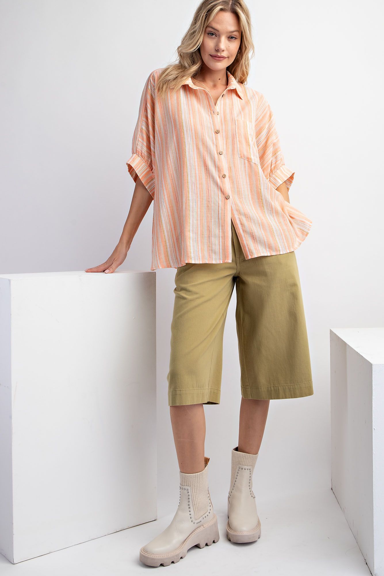 Easel Plus Short Sleeves Striped Button Down Oversized Shirt Tops