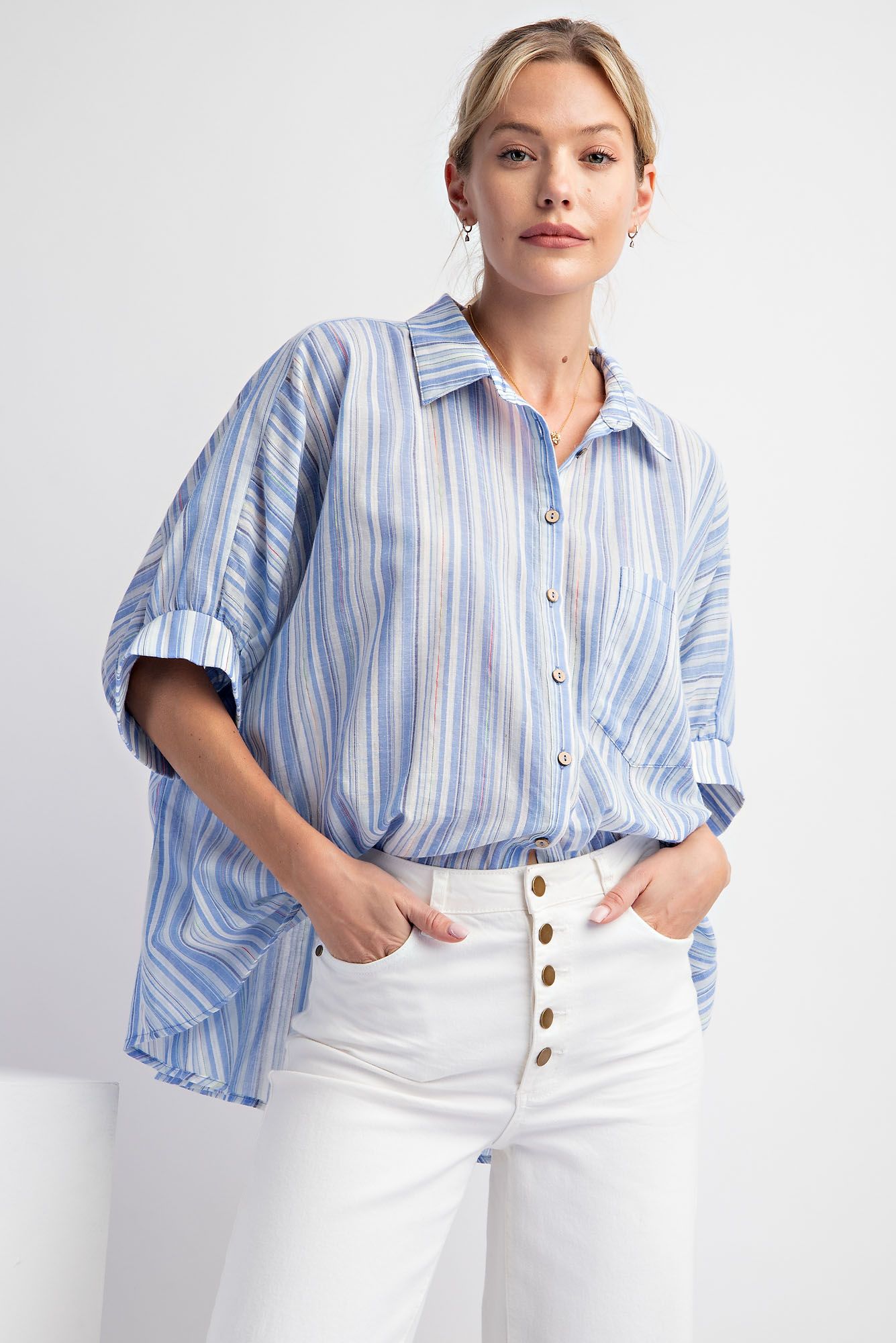 Easel Plus Short Sleeves Striped Button Down Oversized Shirt Tops