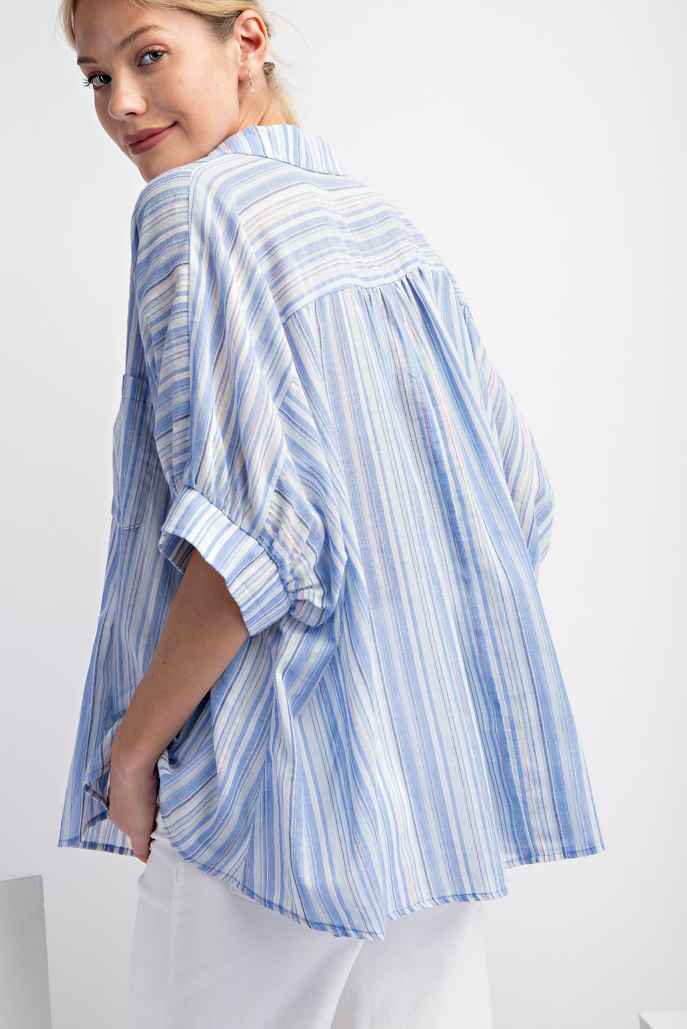 Easel Plus Short Sleeves Striped Button Down Oversized Shirt Tops
