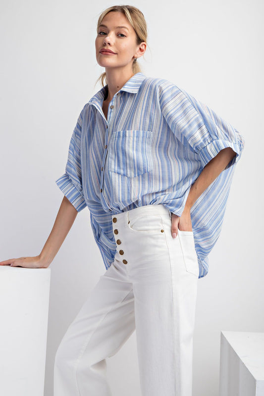 Easel Plus Short Sleeves Striped Button Down Oversized Shirt Tops