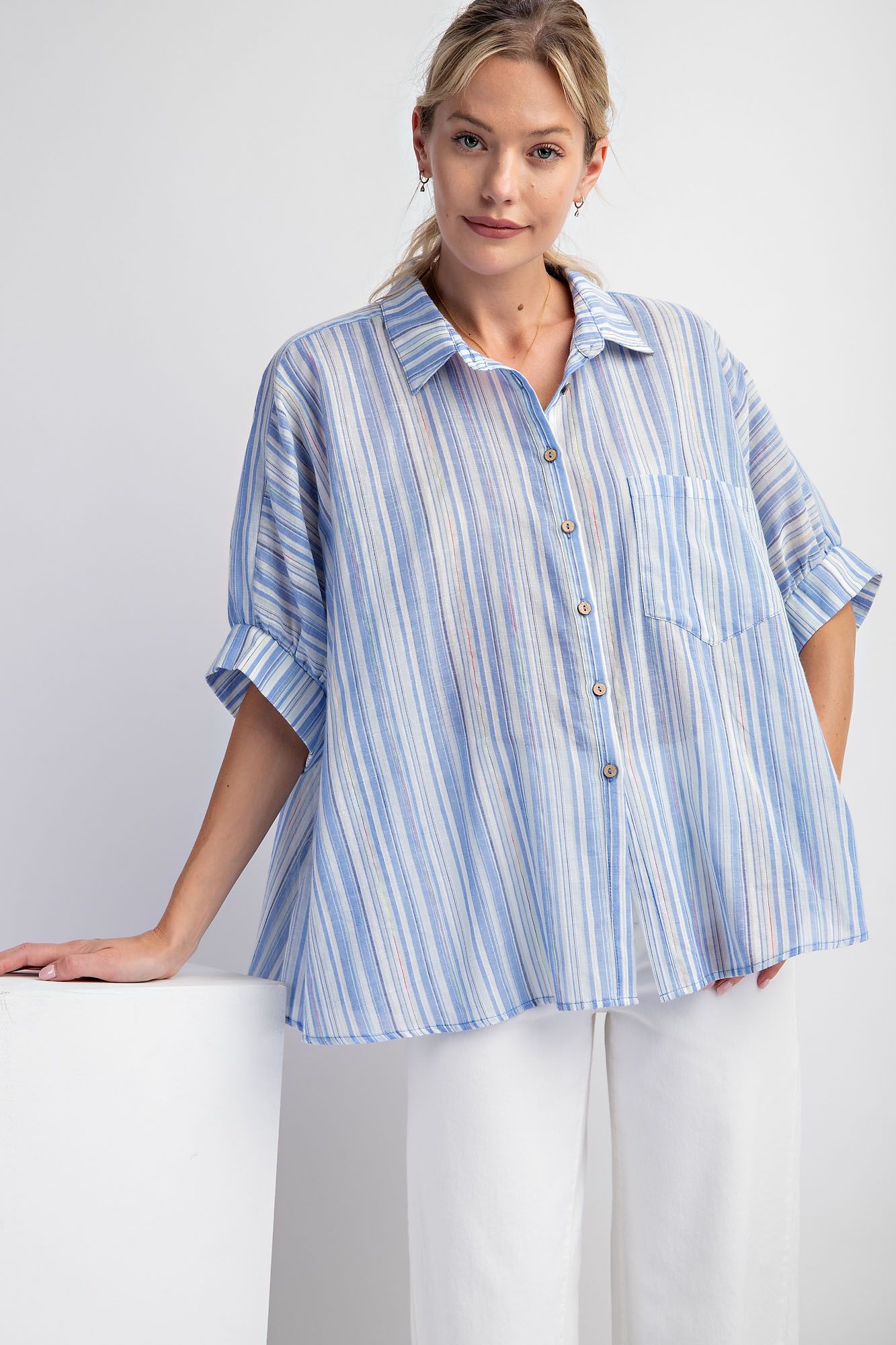 Easel Plus Short Sleeves Striped Button Down Oversized Shirt Tops