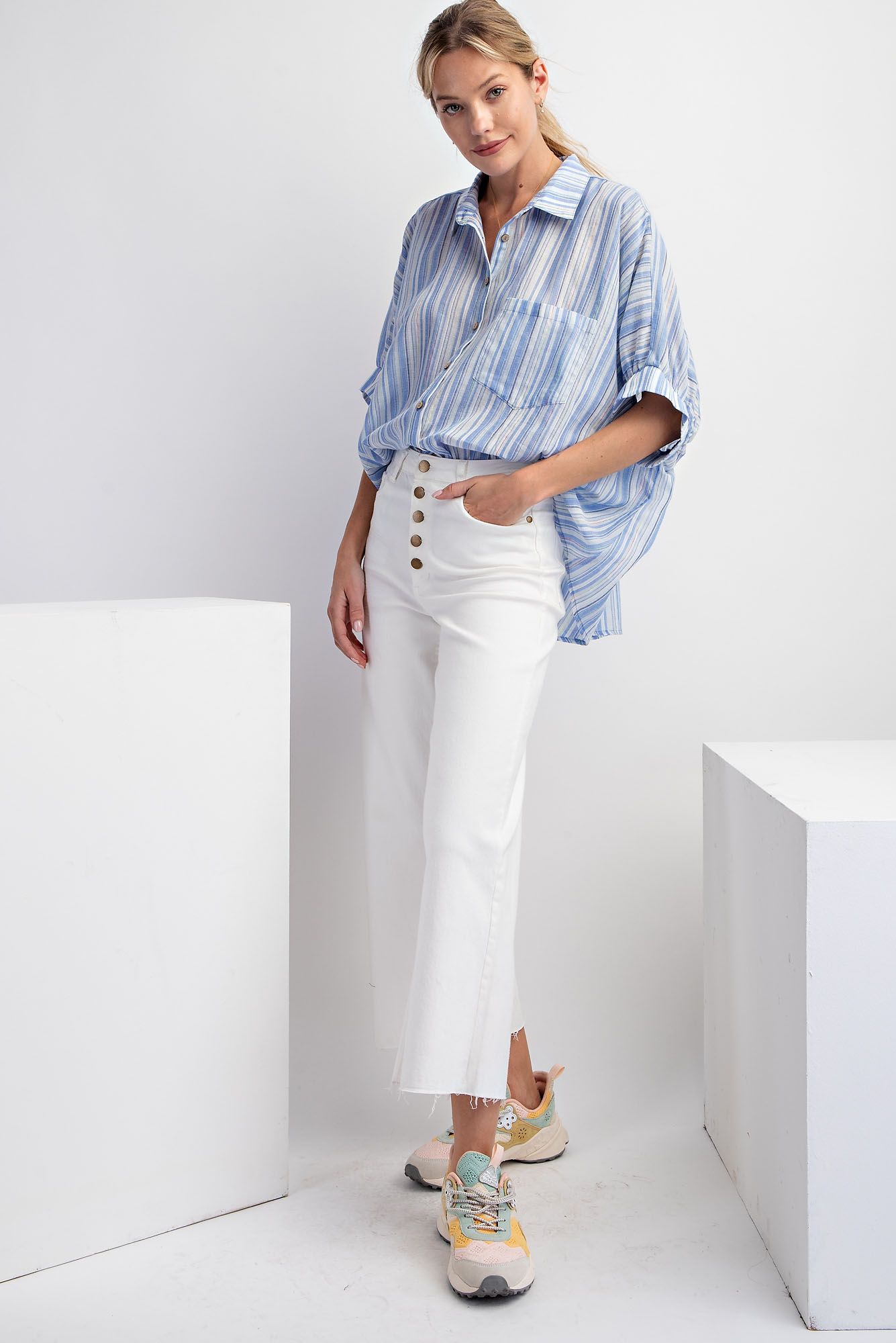 Easel Plus Short Sleeves Striped Button Down Oversized Shirt Tops