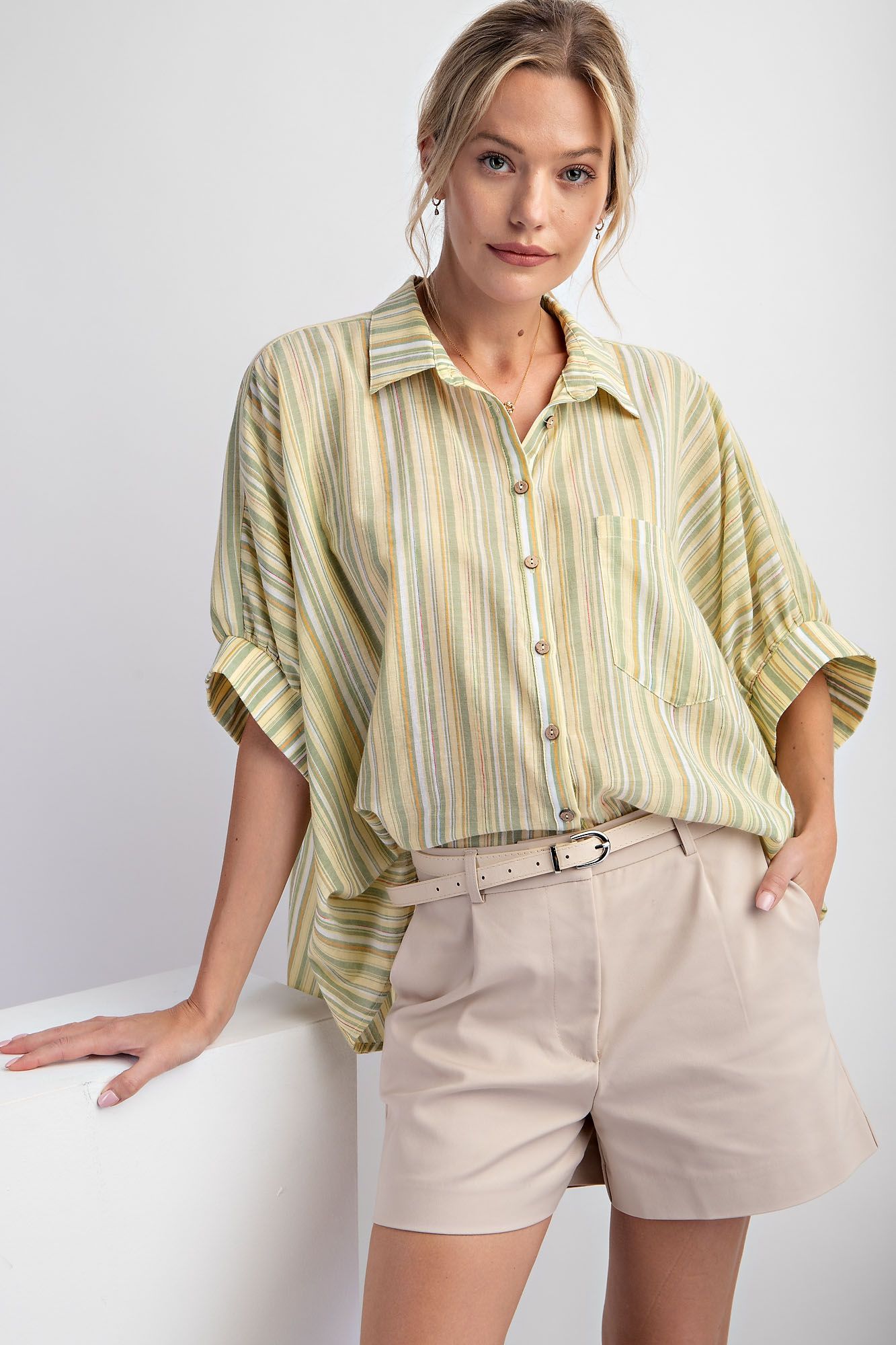 Easel Plus Short Sleeves Striped Button Down Oversized Shirt Tops