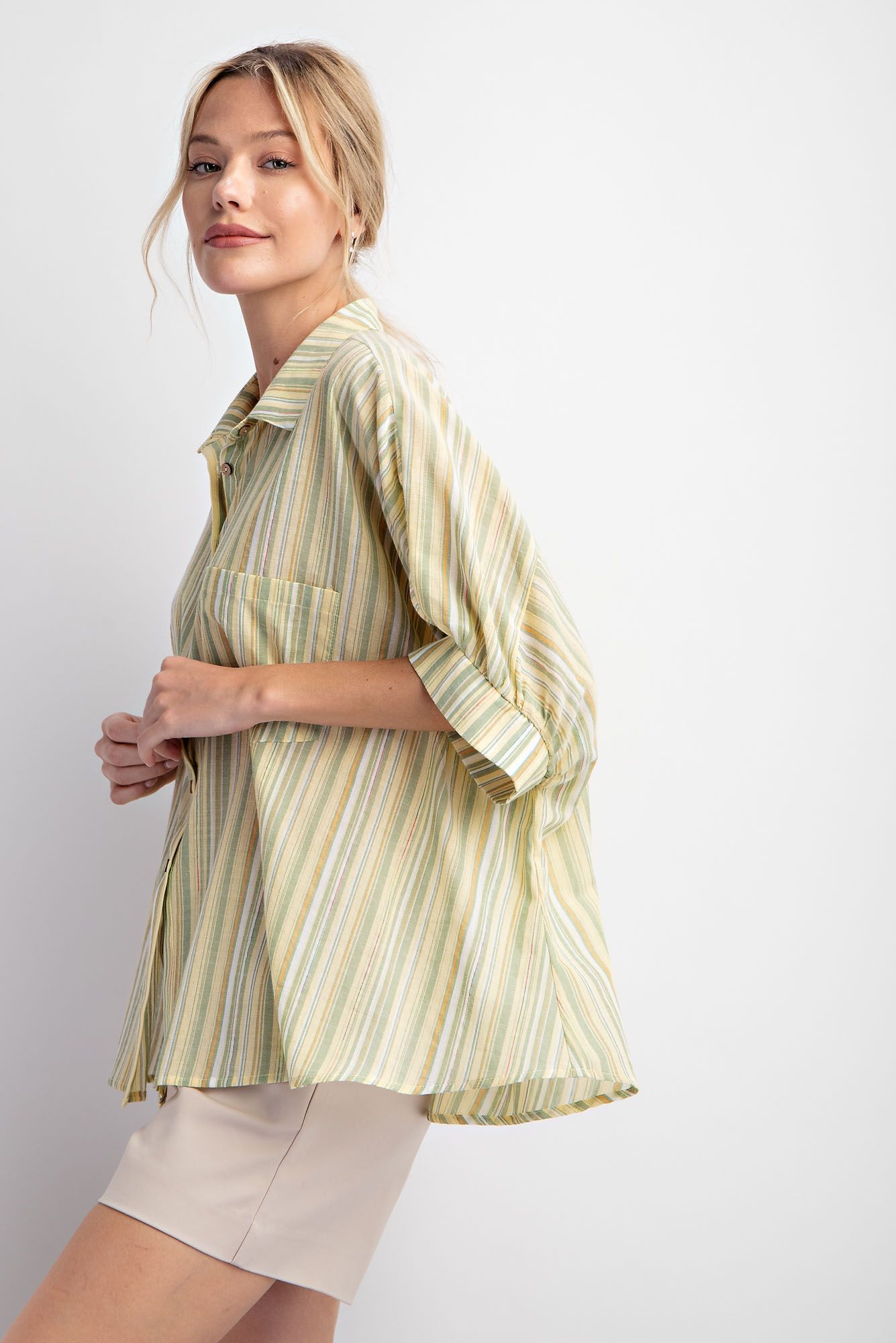 Easel Plus Short Sleeves Striped Button Down Oversized Shirt Tops