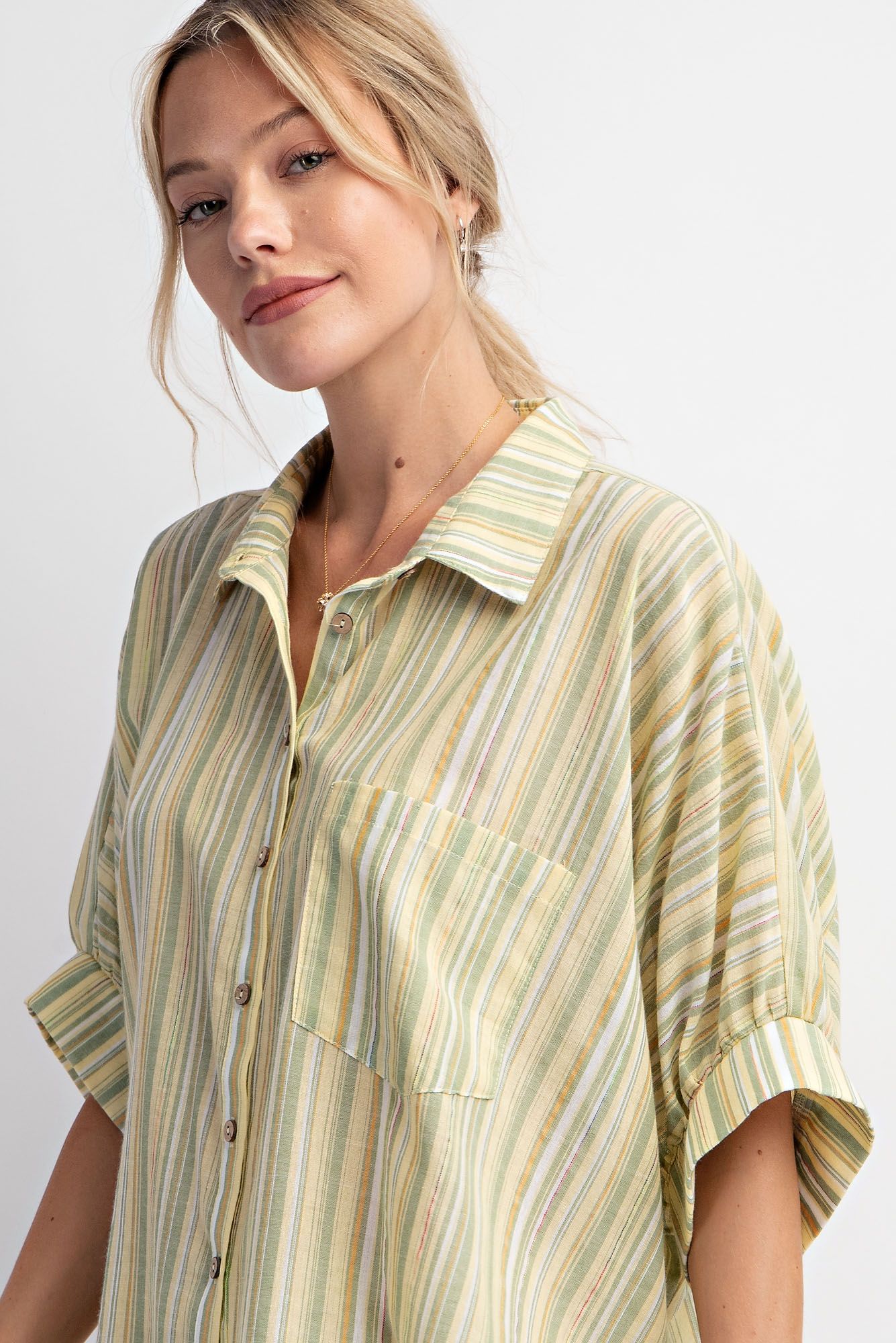 Easel Plus Short Sleeves Striped Button Down Oversized Shirt Tops