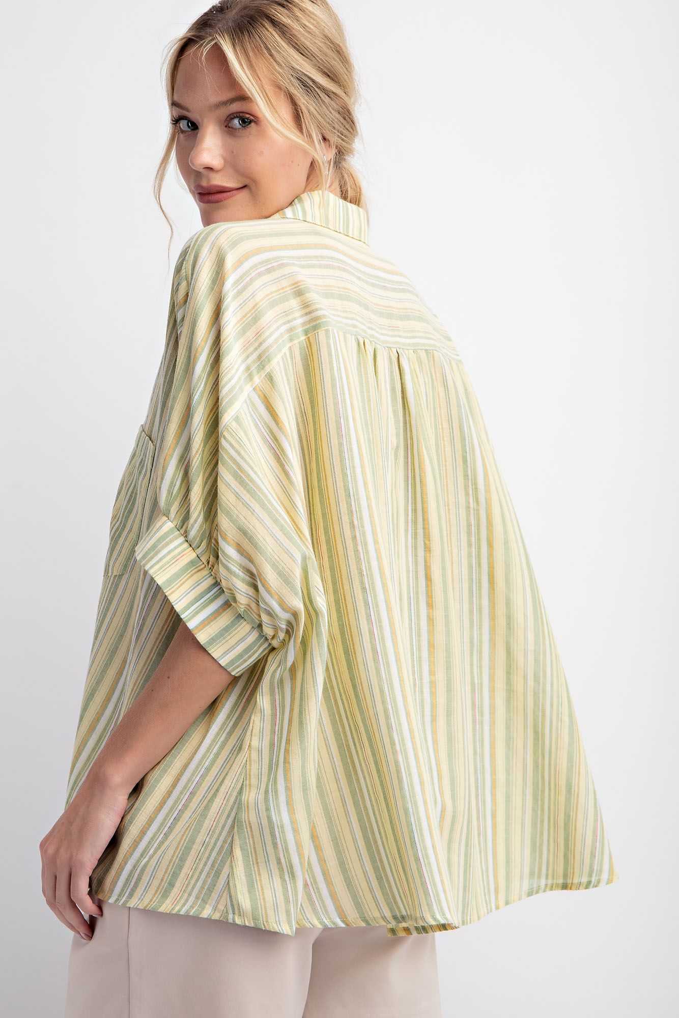 Easel Plus Short Sleeves Striped Button Down Oversized Shirt Tops