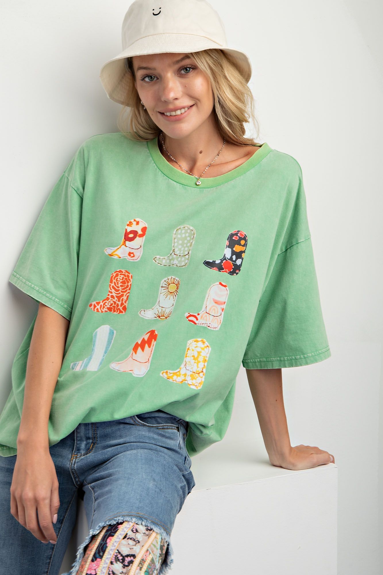 Easel Plus Boots Print Mineral Washed Cotton Jersey Tops