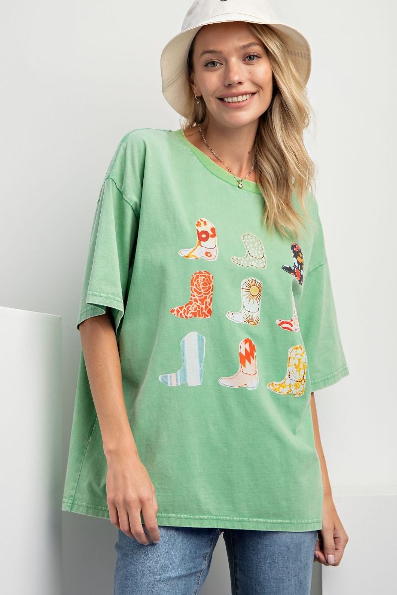 Easel Plus Boots Print Mineral Washed Cotton Jersey Tops