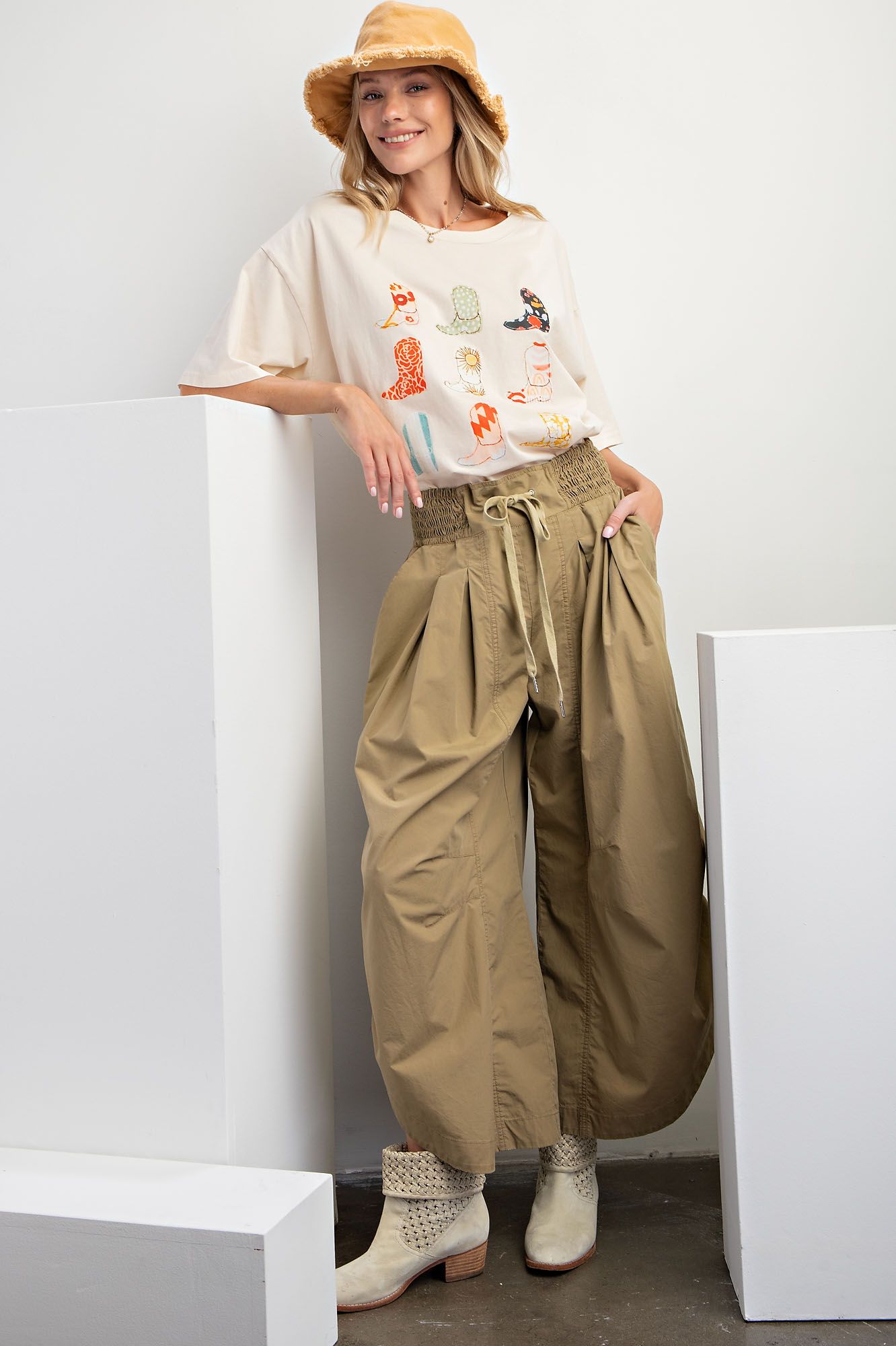 Easel Plus Boots Print Mineral Washed Cotton Jersey Tops