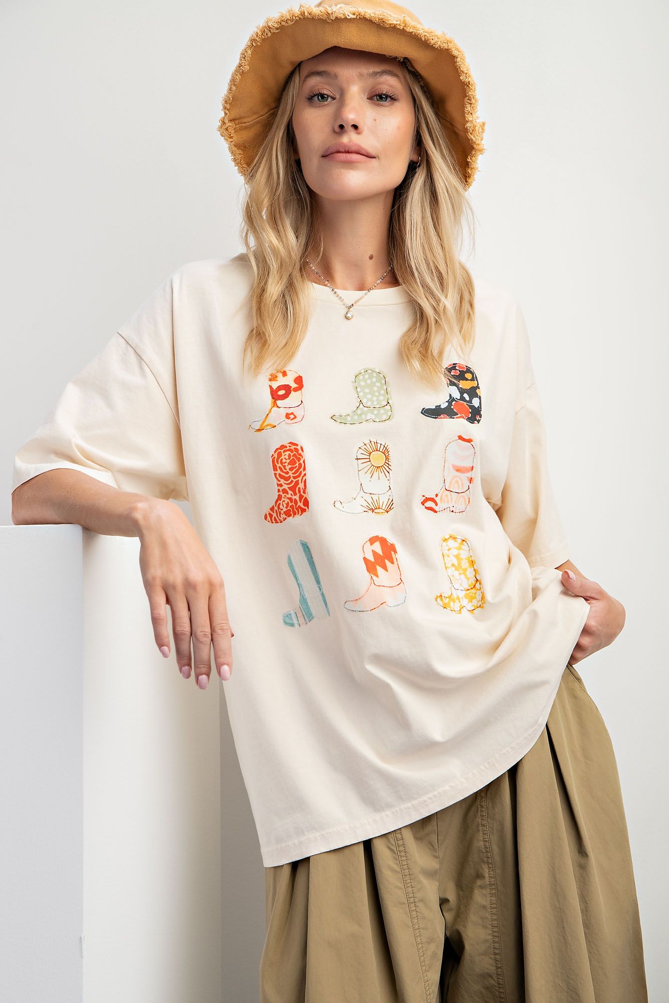 Easel Plus Boots Print Mineral Washed Cotton Jersey Tops