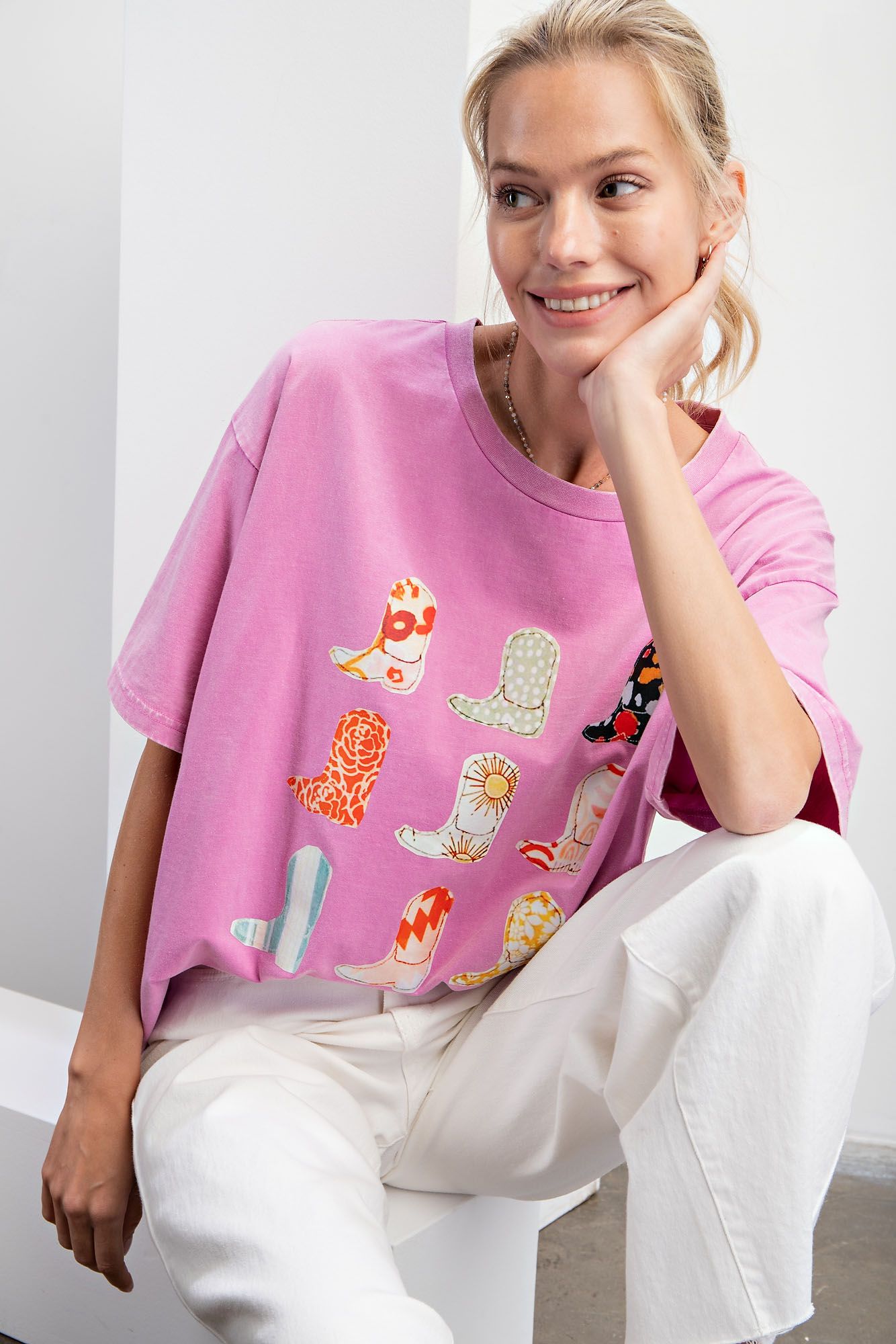 Easel Plus Boots Print Mineral Washed Cotton Jersey Tops