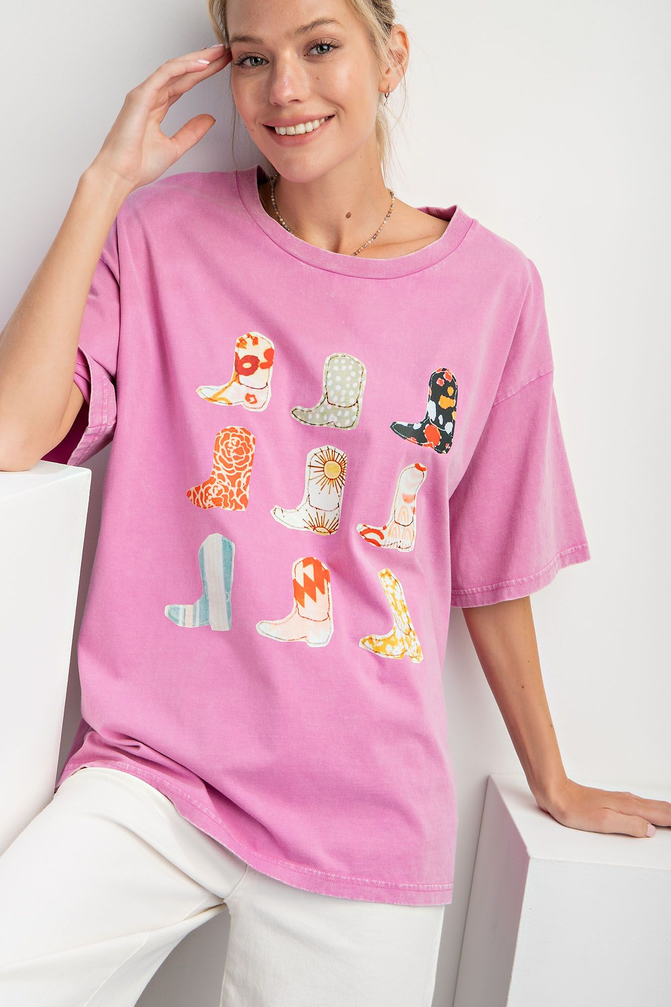 Easel Plus Boots Print Mineral Washed Cotton Jersey Tops