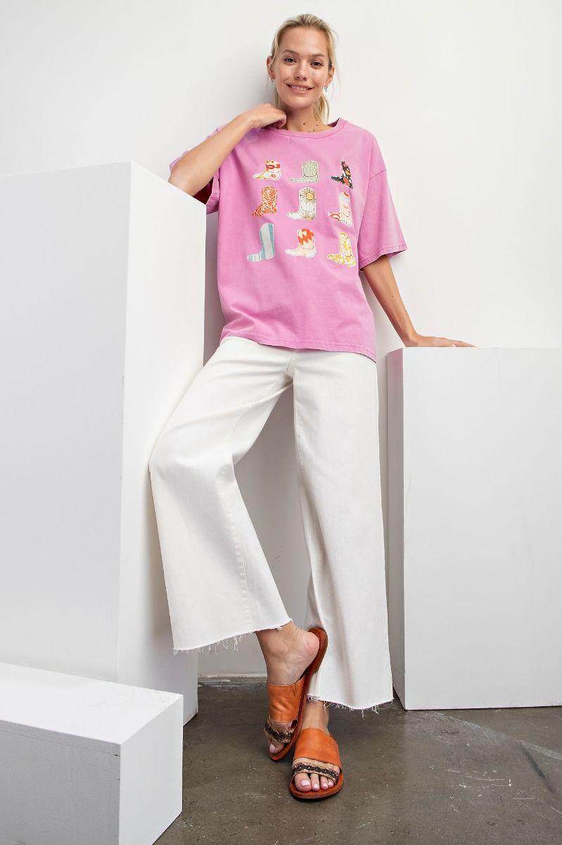 Easel Plus Boots Print Mineral Washed Cotton Jersey Tops