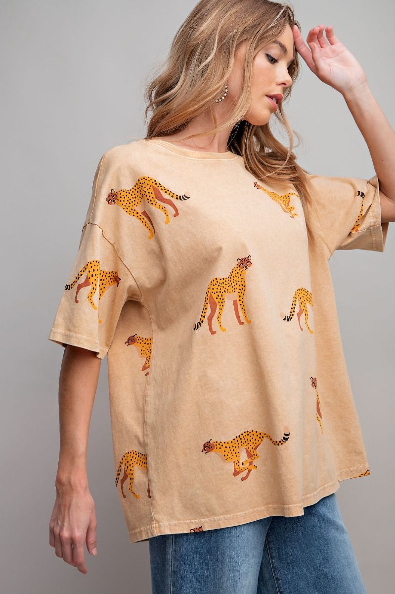 Easel Plus Cheetah Print Washed Cotton Jersey Boxy Fit Tops