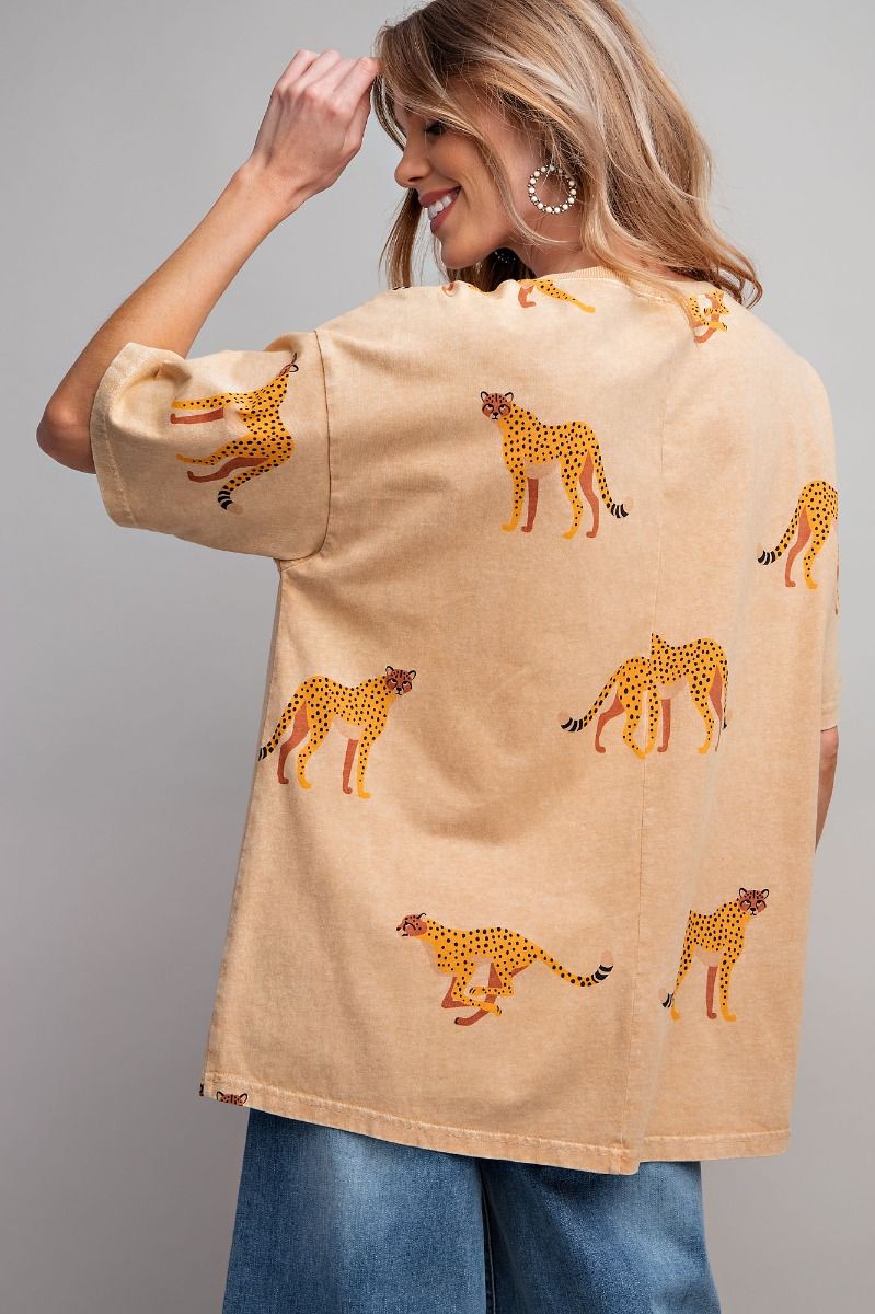 Easel Plus Cheetah Print Washed Cotton Jersey Boxy Fit Tops