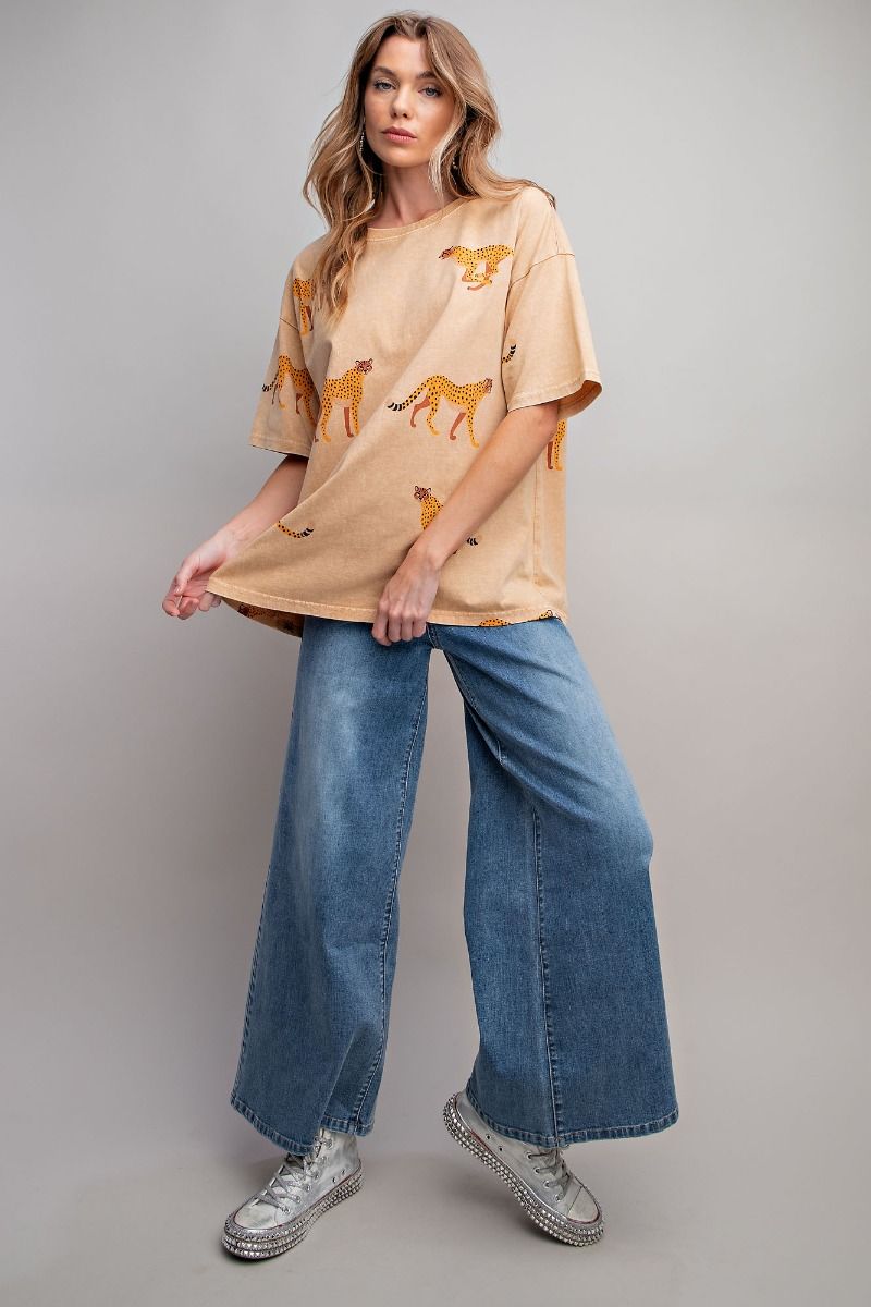 Easel Plus Cheetah Print Washed Cotton Jersey Boxy Fit Tops