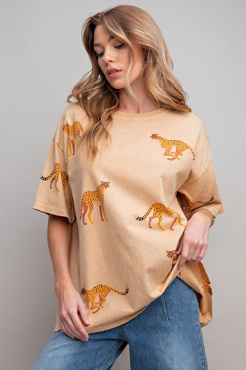 Easel Plus Cheetah Print Washed Cotton Jersey Boxy Fit Tops