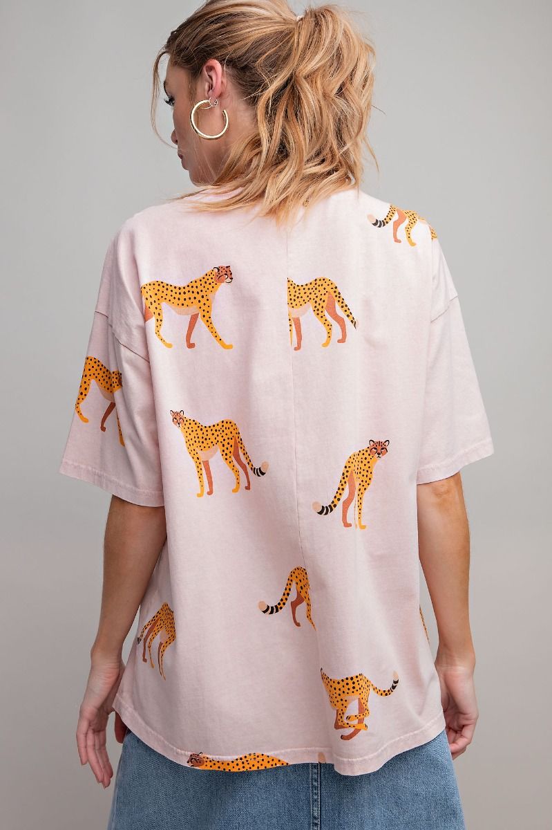 Easel Plus Cheetah Print Washed Cotton Jersey Boxy Fit Tops