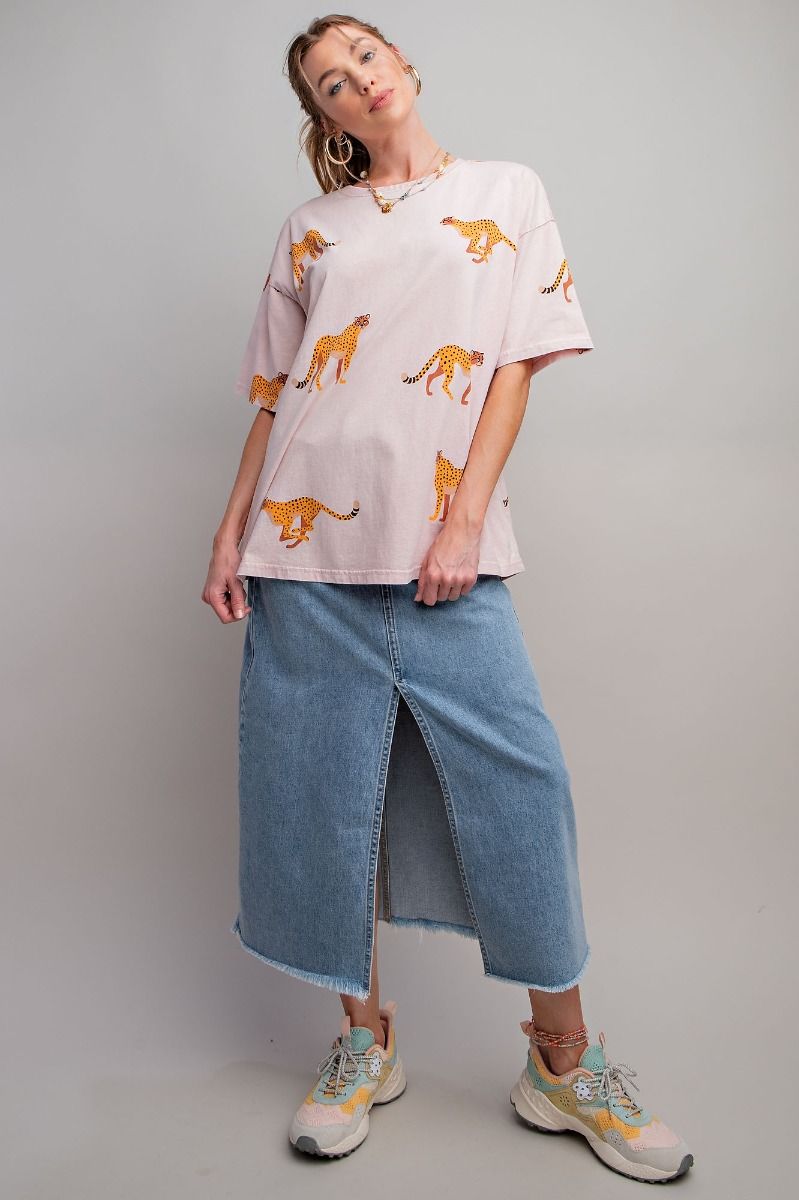 Easel Plus Cheetah Print Washed Cotton Jersey Boxy Fit Tops