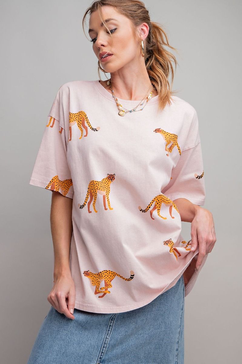 Easel Plus Cheetah Print Washed Cotton Jersey Boxy Fit Tops