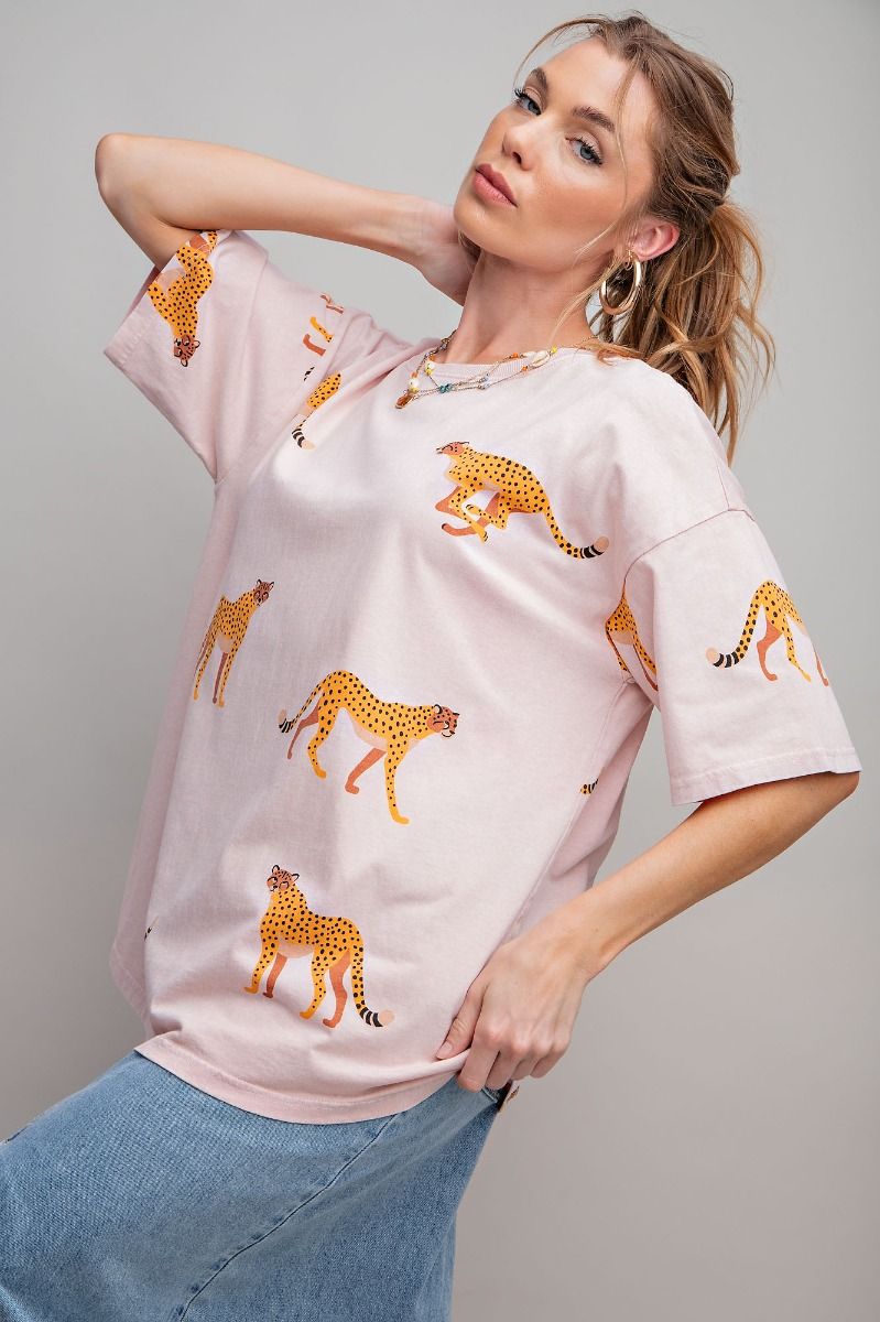 Easel Plus Cheetah Print Washed Cotton Jersey Boxy Fit Tops