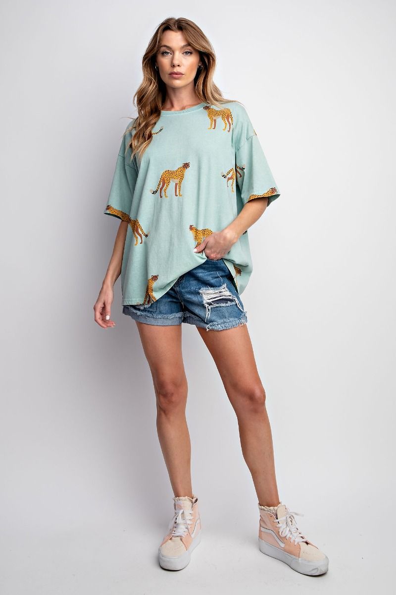 Easel Plus Cheetah Print Washed Cotton Jersey Boxy Fit Tops