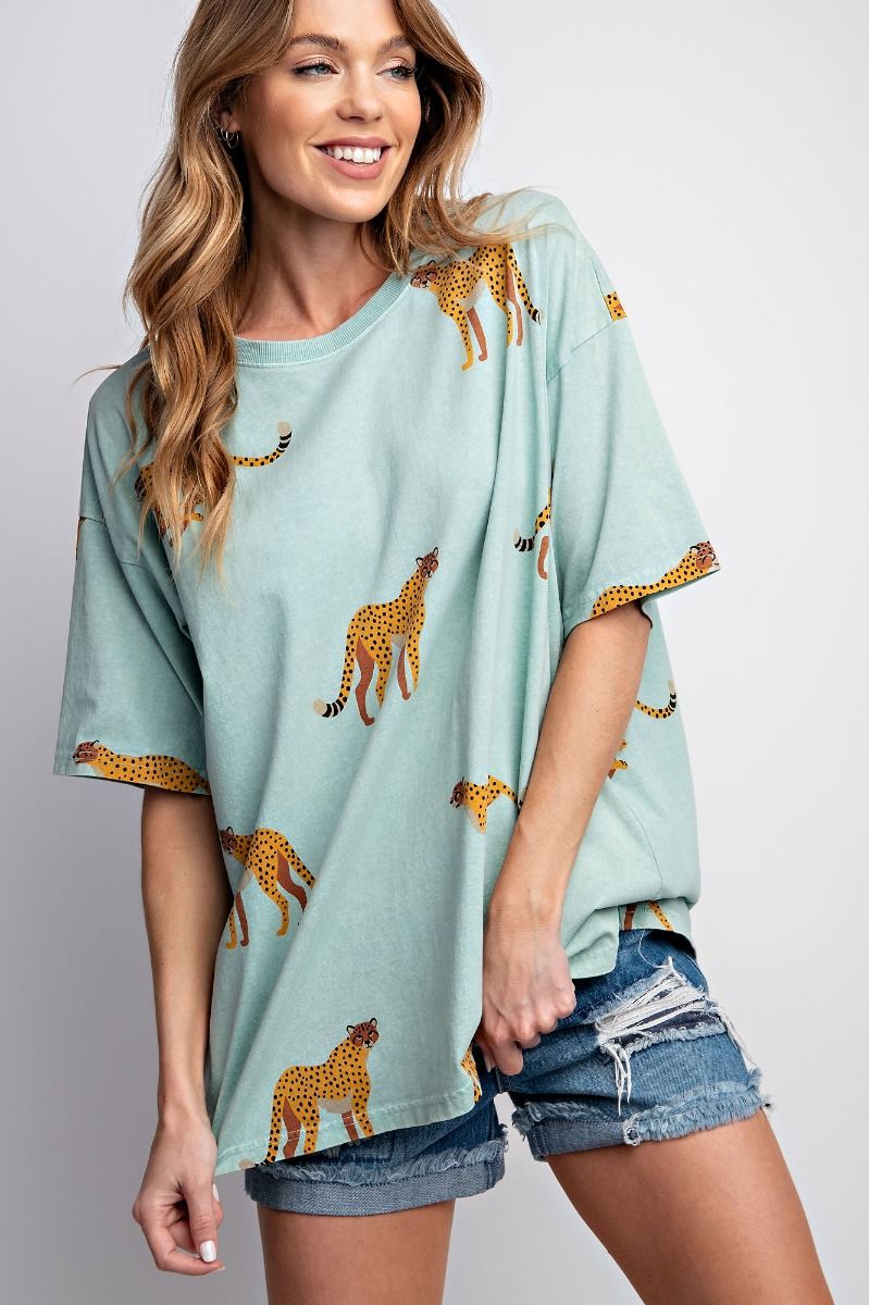 Easel Plus Cheetah Print Washed Cotton Jersey Boxy Fit Tops