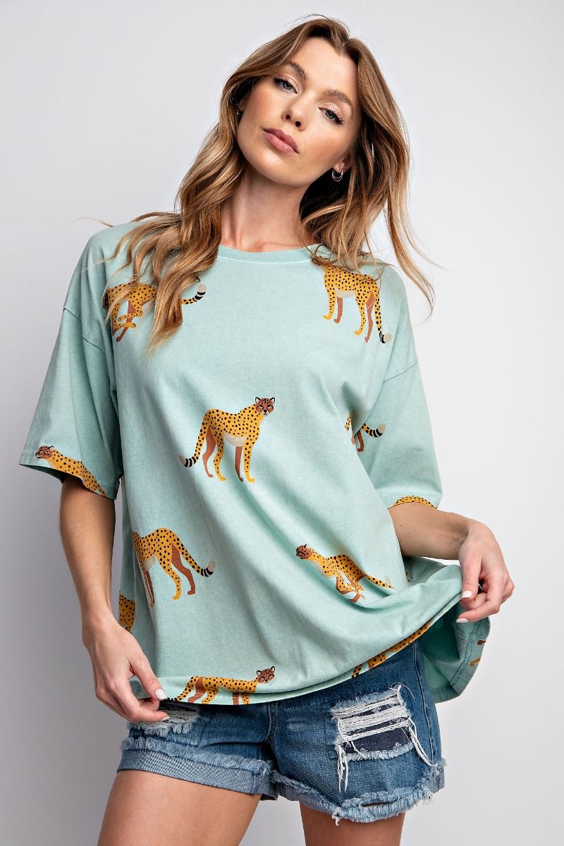 Easel Plus Cheetah Print Washed Cotton Jersey Boxy Fit Tops