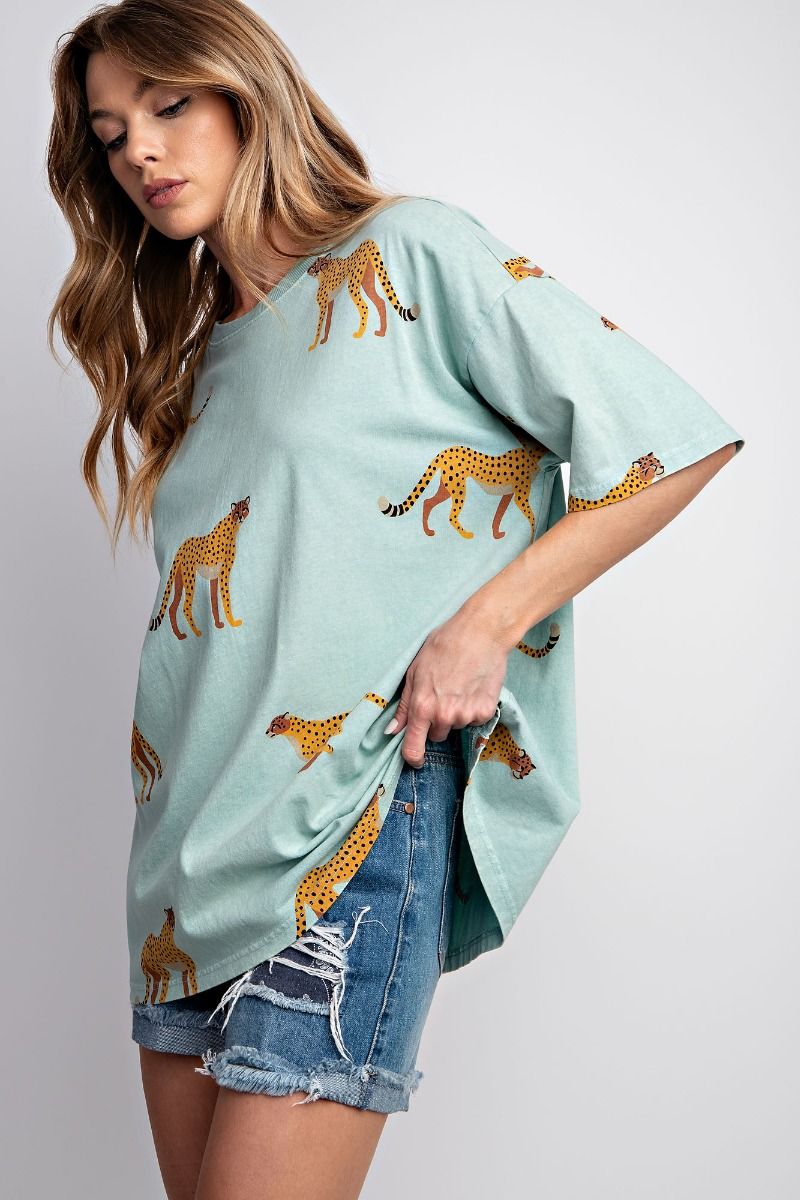 Easel Plus Cheetah Print Washed Cotton Jersey Boxy Fit Tops