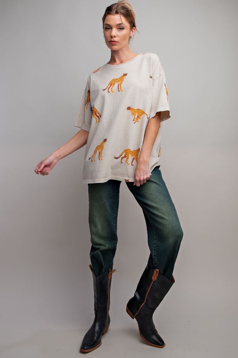 Easel Plus Cheetah Print Washed Cotton Jersey Boxy Fit Tops