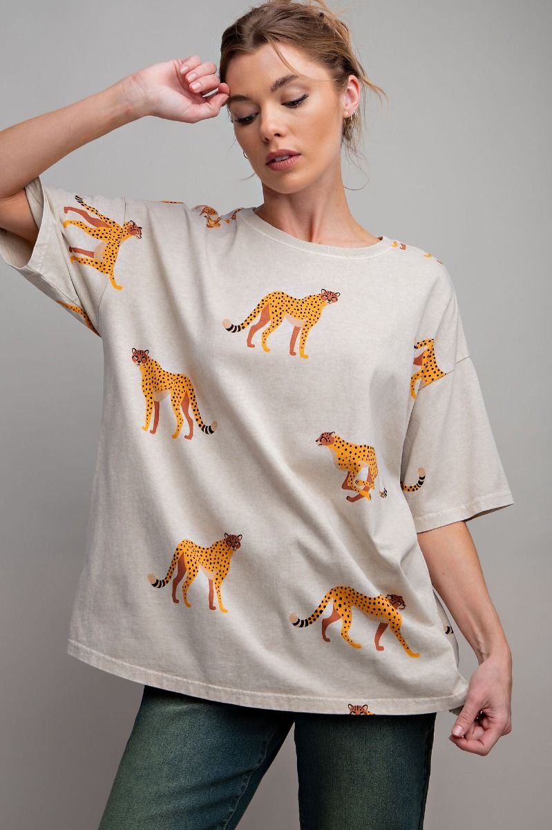 Easel Plus Cheetah Print Washed Cotton Jersey Boxy Fit Tops