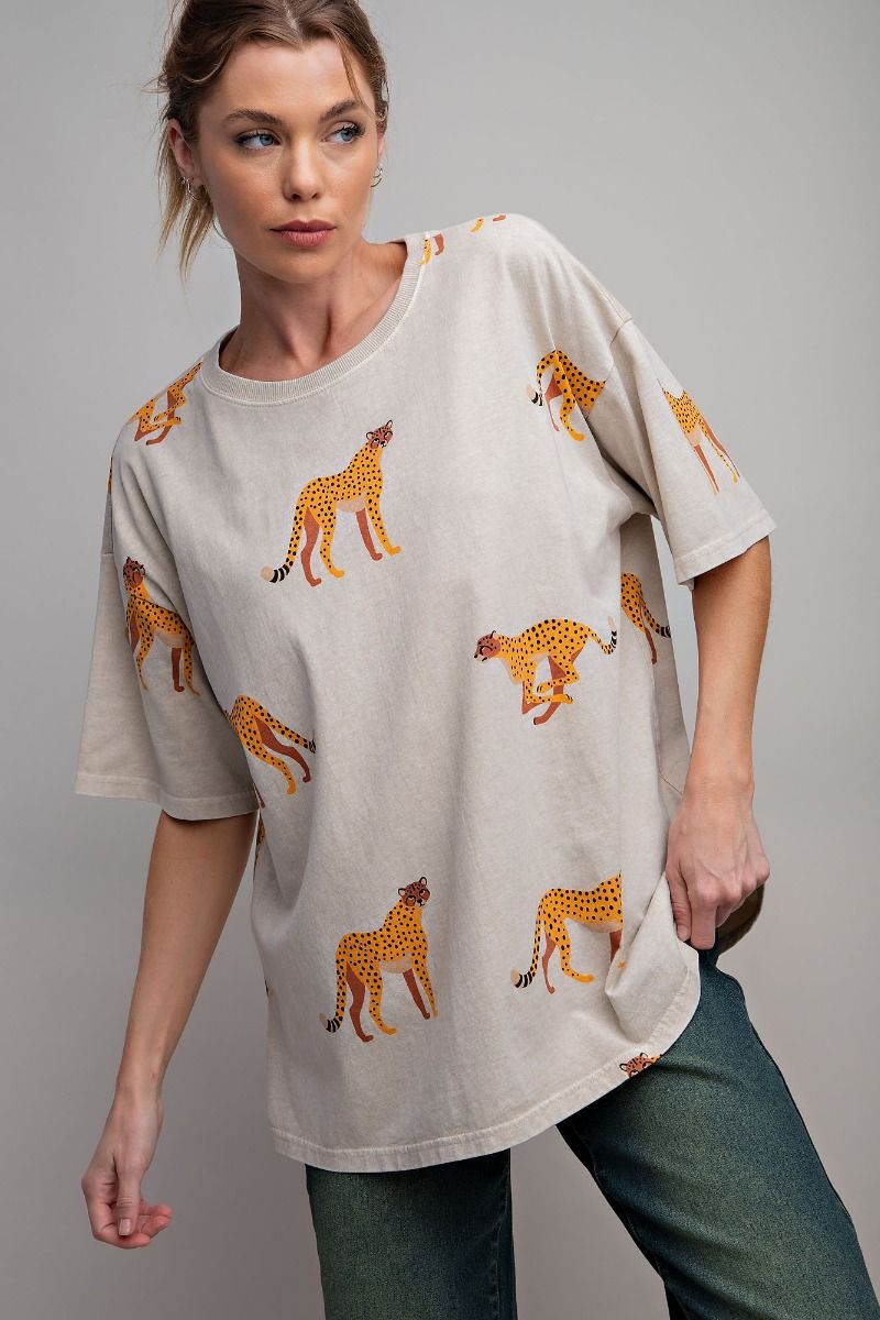 Easel Plus Cheetah Print Washed Cotton Jersey Boxy Fit Tops