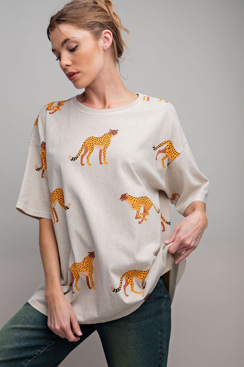 Easel Plus Cheetah Print Washed Cotton Jersey Boxy Fit Tops